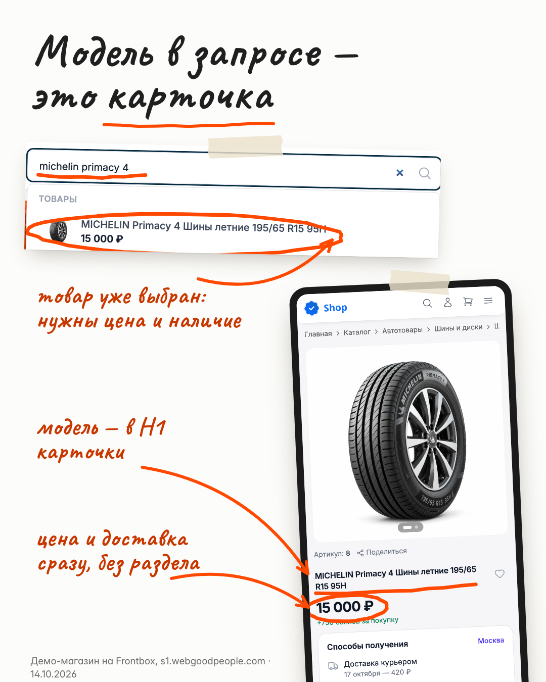 Поиск по запросу «michelin primacy 4» в демо-магазине ведёт сразу в карточку товара с ценой и доставкой